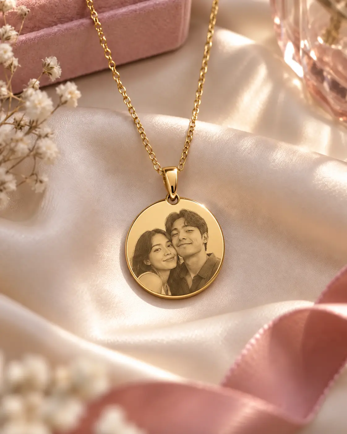Gold round necklace engraved with a couple portrait
